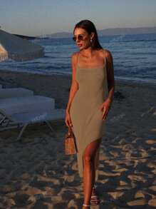 Women's Fashion Elegant Sexy Simple Solid Casual Knit Cover Up Beach Dress, Summer