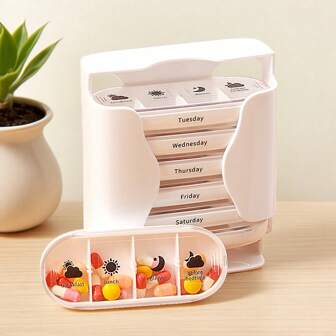 1pc 7-Day Pill Organizer (4 Compartments) - Portable Elderly Medication Box With AM/PM Labels, Made Of ABS Material, Elderly-Friendly Design, Suitable For Vitamins, Supplements And Medications, Well-Organized Weekly Layout