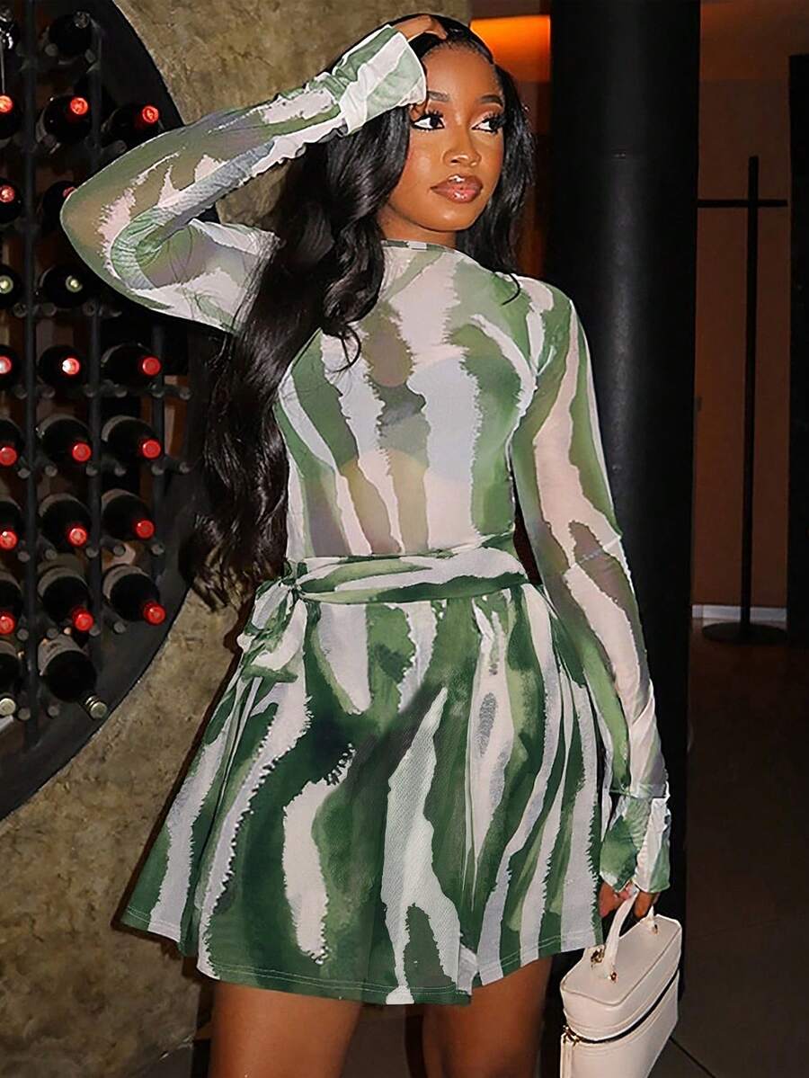 Allover Print Matching Crop Top & Tie Front Skirt Set, Suitable For Dates, Beach - Multicolor - View 1