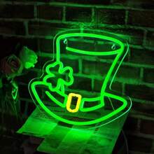 A St. Patrick'S Day Neon Sign Decoration Featuring A Dimmable Hat, Perfect For Wall Decor, Showcasing A Lucky Clover Hat For Spring Parties, Bars, LED Lights For Home, Garden, And Bedroom Gifts.