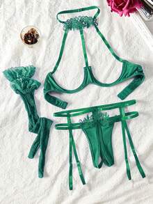 Four Piece Sexy No Take Off Lingerie, Hot And Tempting No Take Off Halloween Christmas Convenience Set - Màu xanh lá cây đậm - Xem 5