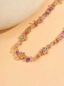 1 件节日海洋风彩色宝石串珠手工项链，配金属合金花卉吊坠，时尚珠宝，适合女性日常佩戴、海滩派对和旅行 - 彩色 - 查看 4