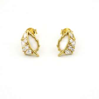 1 Pair 925 Silver Elegant Gold-Color Leaf Shaped Stud Earrings, Inlaid With Natural Agate And Sparkling Zirconia, Graceful Design Showcases Nobility, Suitable For Various Occasions