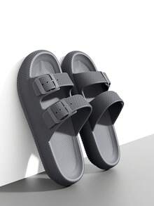 Papuci de casă pentru bărbați, cu vârful deschis, respirabili, anti-transpirație, anti-alunecare, pentru interior și exterior, culoare uni, talpă groasă, ușoară, durabilă, confortabilă pentru bărbați și femei - Gri - Vizualizare 3