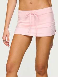 Women Y2k Mini Skirts Solid Color Low Rise Drawstring Skirts Elastic Waist Bow Front Short Skirt Stretchy Side Slit Pencil Skirts Summer Casual Streetwear - Hồng - Xem 3