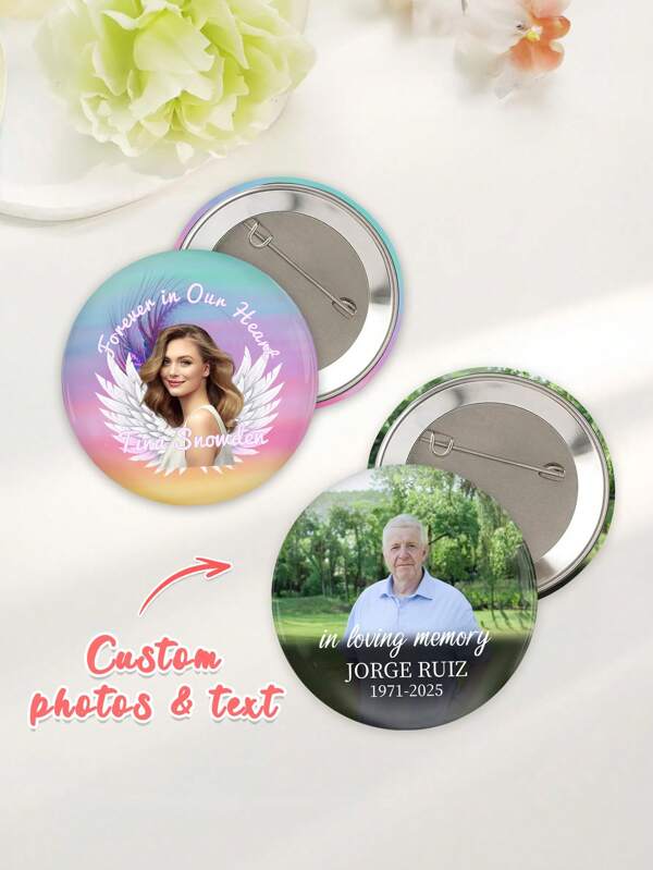 Memorial Funeral Button Pins- Forever In Our Hearts, In Loving Memory ,Custom Photo Pinback Button, Custom Image Pin, Custom Pin, Photo Keepsakes, Custom Photo Memorial Buttons| Custom Text | Funeral Service In Memory Of Life Celebration Family Loss Badges