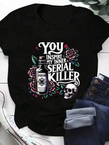 Plus Size Women's Summer Poison Bottle, Rose, Skull And Slogan Graphic T-Shirt - Black - View 4
