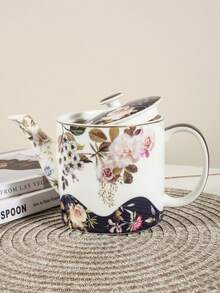 1pc Luxury Ceramic Teapot, White & Blue Rose Floral Round Teapot, Suitable For Home, Club, And Tea House Use