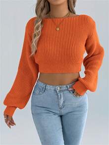 Y2K Backless Bow Tie Sweater Women Cold Shoulder Puff Sleeve Pullover Knot Front Solid Fall Winter Halloween - Orange - View 3