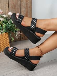 Women's New Fashion High Heel Casual Vacation Polka Dot Platform Wedge Roman Sandals, Minimalist Indoor Slippers Suitable For Students, Office Workers, Beach, Hotel - Black - View 4