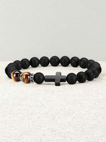 Hoffnung, Glaube und Liebe! Stilvoller schwarzer Perlenarmband Kreuz Dekor für Sohn