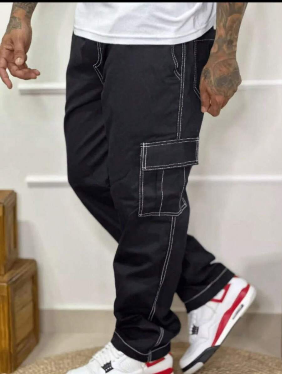Calça jeans cargo  various modero unissex streetswear skatista dia dos pais - Preto e Branco - Visão 1