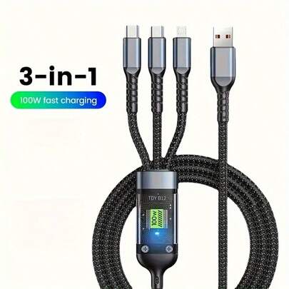 Jogrytece 1pcs 1.2m/ 4ft Nylon Braided MFi Certified 100W LED 3in 1 Digital Display USB Charging Cable With Type-C, Micro USB, IP Port For IPhone Type-C USB Port Multiple Charging Wire