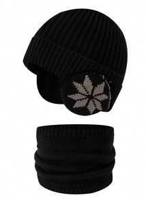 1件装雪花图案儿童护耳帽围巾套装，针织，保暖内衬，加厚，适合冬季户外骑行