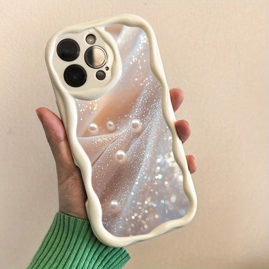 Funda para teléfono 1 funda para teléfono X/ 11/ 12/ 13/ 14/ 15/ 16 Pro | Funda para teléfono Wave | Chicas y hombres lindos | Estampado con perlas de tela brillante Delicado y brillante lujo - Blanco - Ver 1