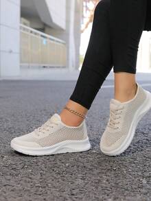 Women's Plus Size Breathable Mesh Sneakers, Soft & Comfortable Front Lace-Up Outdoor Running Shoes - Black - View 2