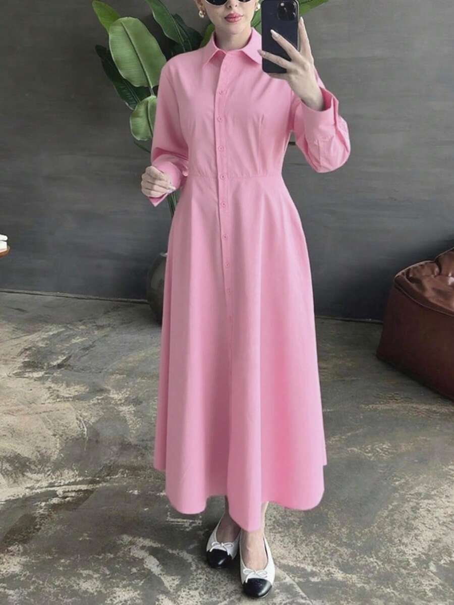 女士简约翻领单排扣纯色连衣裙,休闲优雅修身直筒长袖衬衫裙,适合圣诞节、外出和日常休闲穿着 - 淺粉色 - 查看 1