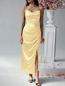 Look Polly 夏季女装，奶油黄色真丝长裙吊带裙，婚礼女装秋季女装，返校服，派对女装露肩礼服舞会礼服，优雅性感露腿长裙返校节礼服万圣节服装女士圣诞服装