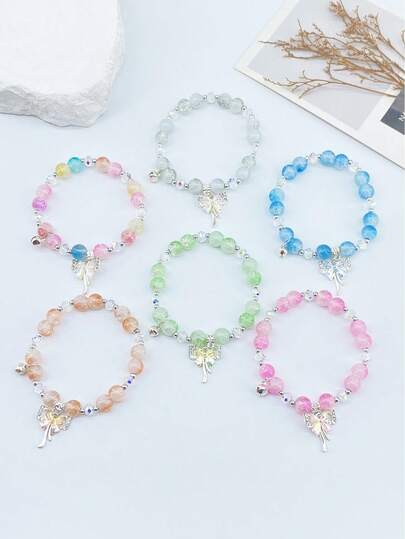 6 piezas de campanas de cristal hechas a mano de colores, pulsera con colgante de lazo, estilo lindo y fresco para mujeres