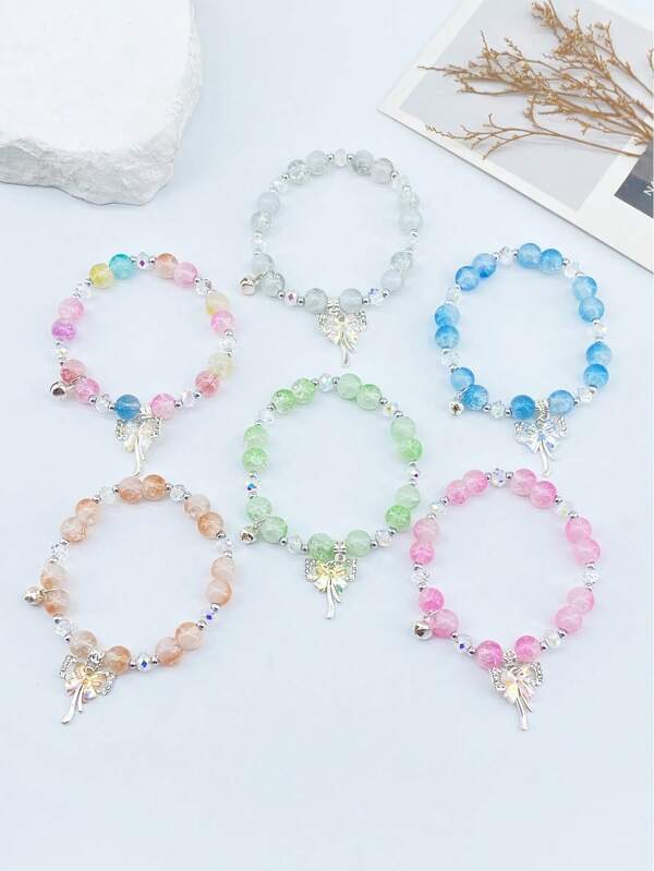 6 Peças Sino de Vidro Colorido Feito à Mão, Pulseira Pingente com Laço para Mulheres, Estilo Fofo e Fresco
