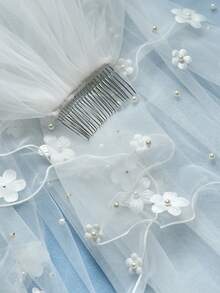 1 件双层仿珍珠花新娘头纱，华尔兹长度，适合婚礼仪式、婚纱摄影，带发梳 - V217 - 查看 5