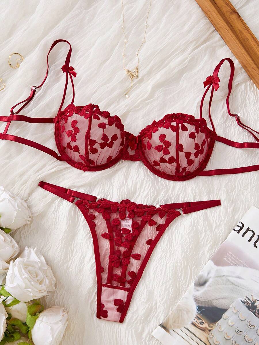 Bộ đồ lót lưới thêu gợi cảm cho nữ - Màu Đỏ Sâu - Xem 1