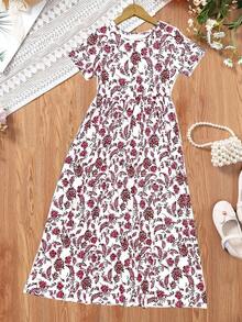 波西米亚风佩斯利印花短袖中长连衣裙,女童假日休闲连衣裙,夏季礼物 - 紅色 - 查看 4