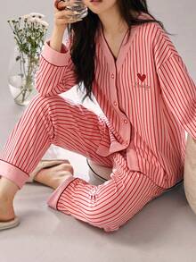 2pcs Women's V-Neck Sleepwear Pajama Set, Long Sleeve Top And Pants, Skin-Friendly Loungewear, Spring & Autumn, Fall Winter Clothes