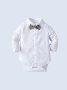 BOARNSEORL Baby Boys' Gentleman Bodysuit Long Sleeve Shirt With White Front Button Bowknot, Fashion Versatile For Daily, Holiday, Party Wear - White - View 1