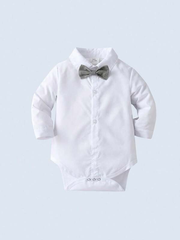 BOARNSEORL Tutina elegante per neonati maschi, con camicia a maniche lunghe, bottoni bianchi anteriori e fiocco, di moda versatile per uso quotidiano, vacanze e occasioni speciali