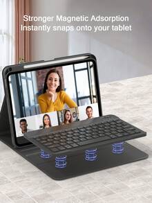 360°旋转支架键盘保护套，兼容iPad第11代/2025款（A16），PU皮革材质，可拆卸无线蓝牙键盘（内置150mAh电池），兼容iPad第11代/第10代Air4/Air5/Air6/Air7 10.9英寸（M2）2024款（M3）以及iPad 10.2英寸机型，配备无线键盘和Apple Pencil笔槽，支持自动睡眠/唤醒功能 - 黑色