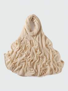 1条女士纯色褶皱休闲围巾，弹力透气针织小长围巾，可作头巾、披肩，保暖防晒，适合搭配连衣裙