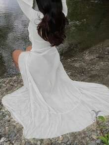 Long-Sleeved V-Neck Ruffled Mesh See-Through Hip-Wrapped Long Dress - White - View 5