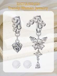 2Pcs Fake Belly Button Piercing For Women Dangle Butterfly Heart Clip On Belly Button Rings Silver Gold Pink Fake Belly Button Rings Non Piercing Belly Rings Stainless Steel Faux Navel Jewelry