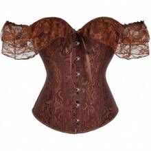 Women Corset Top With Lace Sleeve Lace Up Bustier Lingerie Waist Trainer Costume Tops - 棕色 - 查看 1