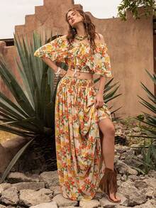 Faeriesty BohoBloom Bohemian Style Women's 2-Piece Set, Off-Shoulder Ruffle Blouse Paired With A-Line Skirt - Ideal For Casual Park Strolls, Weekend Country Getaways, Beach Walks, Picnics, And Leisure Outings With Friends - Orange - View 4