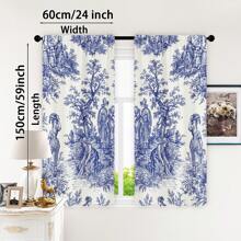 2pcs Blue Toile De Jouy Style Blackout Curtains - Elegant Floral Design, Grommet Top, Thermal Insulating & Light Blocking For Living Room And Bedroom Decor, Polyester Material, Wrinkle-Resistant, Curtains For Living Room