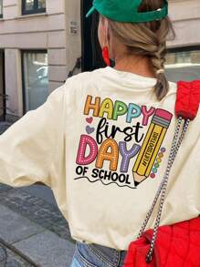 返校季女童休闲印花圆领短袖T恤，夏季学生制服——欢乐校园时光，彩色铅笔印花，时尚活力设计，激发想象力和自我表达