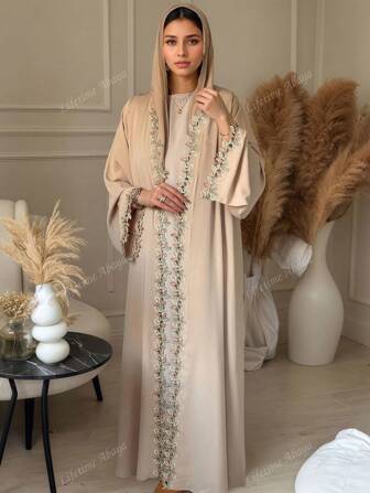 Beige Muslim Abaya Long Length Robe With Artistic Leaf Embroidery For Women Seeking A Blend Of Traditional And Stylish Design Arabian Wear