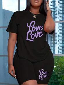 " Purple LOVE " Printed Women's Cozy Polyester T-Shirt And Shorts Set – Plus Size Clothing Comfortable, Lightweight Outfit For Casual Summer Days