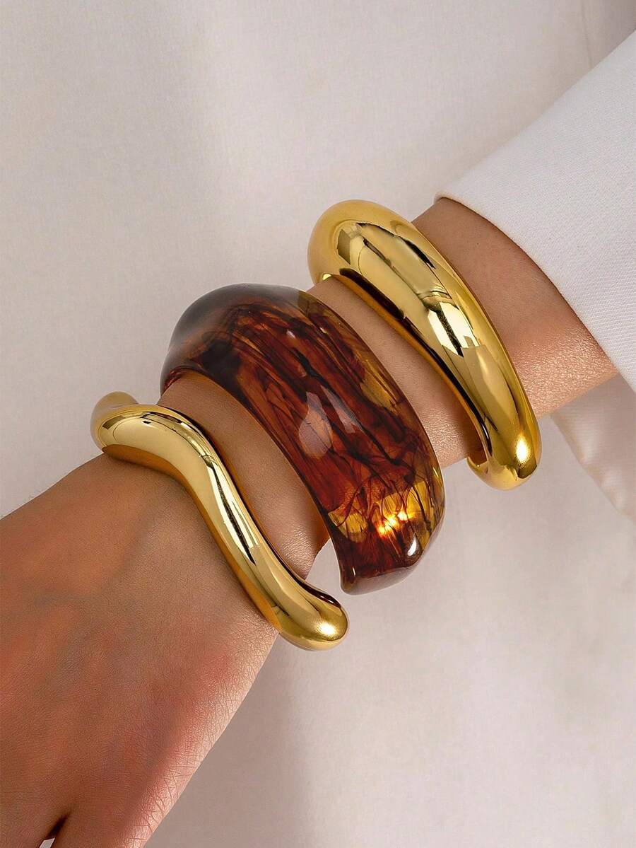 3pcs/1pc Vintage Fashion Exaggerated Oversized Malachite Color System Brown Resin CCB Thick Cuff Bracelet Set, Personalized Minimalist High-End Adjustable Stackable Jewelry Suitable For Women Men, Party, Daily Matching (Random Pattern) - Multicolor - View 1
