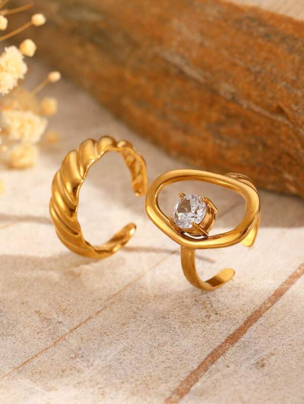 2-Piece Set Stainless Steel Textured Open-Cut Irregular Stackable Rings, Suitable For Women Daily Wear