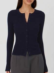 Women's Autumn Sweater Cardigan Solid Color Long Sleeve Round Neck Button Up Ribbed Knitwear - Deep Sky Blue - View 2
