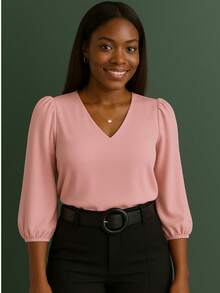 Women's Crepe Duna Blouse With 3/4 Puff Sleeve Plus Size And Slim - Màu Hồng baby - Xem 8
