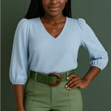 Women's Crepe Duna Blouse With 3/4 Puff Sleeve Plus Size And Slim - Màu xanh nhạt - Xem 9