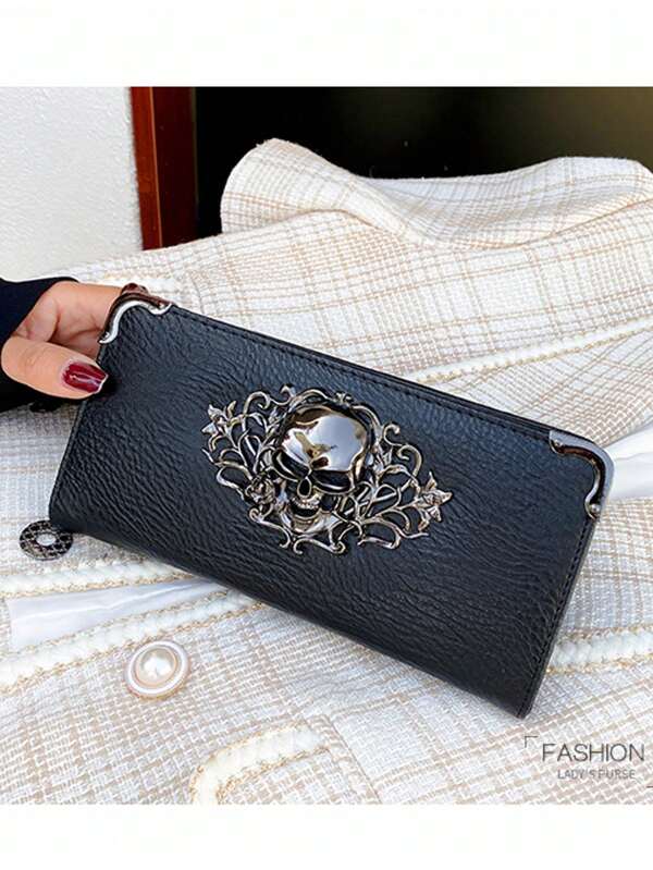 Vibrant Skull Decoration Handbag-Stylish Punk Design, Elegant Black Coin Purse, Suitable For Women. Female Purse Stylish Skull Long Multi-Card Wallet Ladies Clutch Bag Coin Purse,2025 New Skull Fashion Personality Long Ladies Purse Punk Men Clutch Bag Mobile Phone Bag