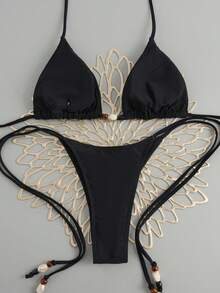 女士休闲系带细肩带比基尼套装，露背上衣和系带下装，饰有串珠，适合度假沙滩穿着，黑色夏季款 - 黑色 - 查看 3