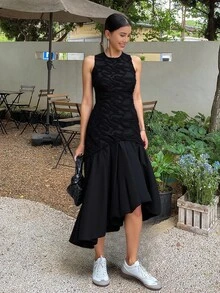 Livesso 女士纹理面料美人鱼下摆无袖连衣裙舞会礼服优雅吊带长裙 - 黑色 - 查看 4