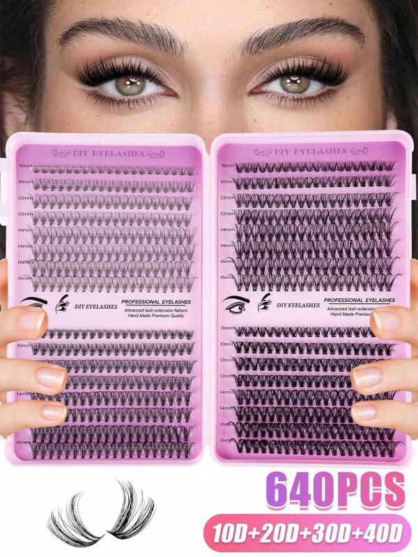 640 Pieces Of 10D+20D+30D+40D+50D+60D+80D+100D Fine Hammer Fixed Eyelash Extension Kit D Single Natural Volume Can Be Reused, Lightweight, Easy To Apply Eyelashes, Suitable For DIY Eyelash Extension