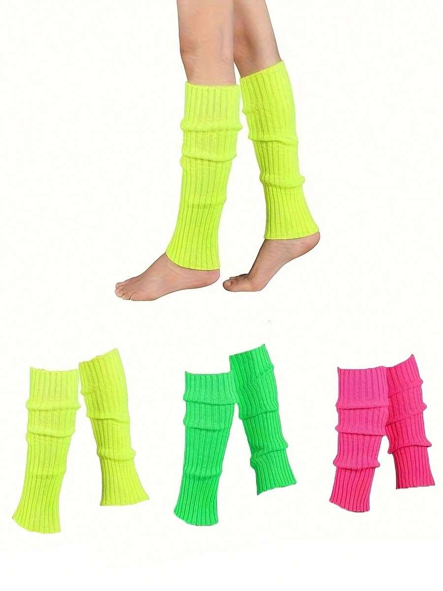 3 Pairs Of American Neon And Ribbed Warm Leg Warmers For Women - 80s Retro Style Knee-Length Elastic Cuffs, Hand-Washable, Suitable For Parties, Sports, Winter Exercise, Comfortable To Wear, Y2k, Cozy